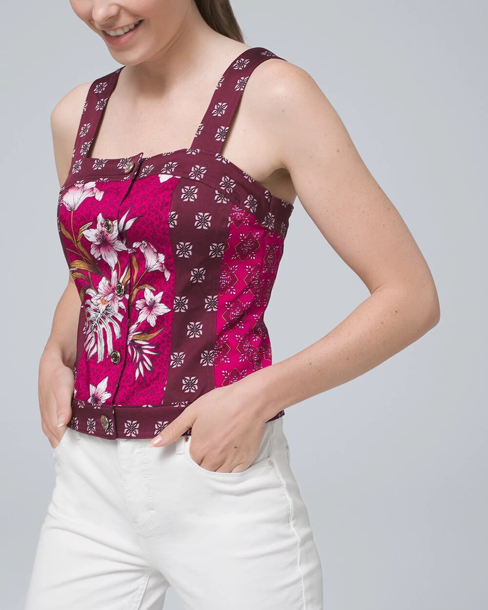 White House Black Market Floral Patchwork Button Front Crop Top NWT Size 4